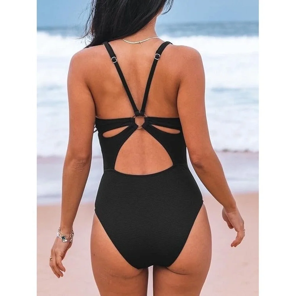Cupshe‎ Womens Black Textured Keyhole One Piece Swimsuit XL DAA12E4F003AA NWT
